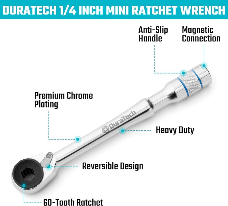 DURATECH 1/4" T-Handle Ratchet, Mini Ratchet Wrench with Hex Bit Extension and Adapter Set, Compatible with Standard 1/4" Hex Bits or Sockets, Portable and Versatile Repair Tool for Tight Spaces - Image 3